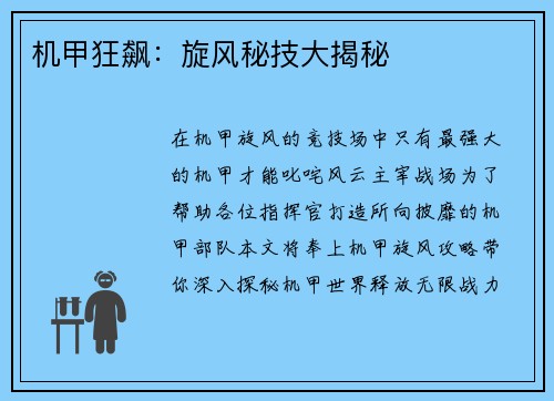 机甲狂飙：旋风秘技大揭秘